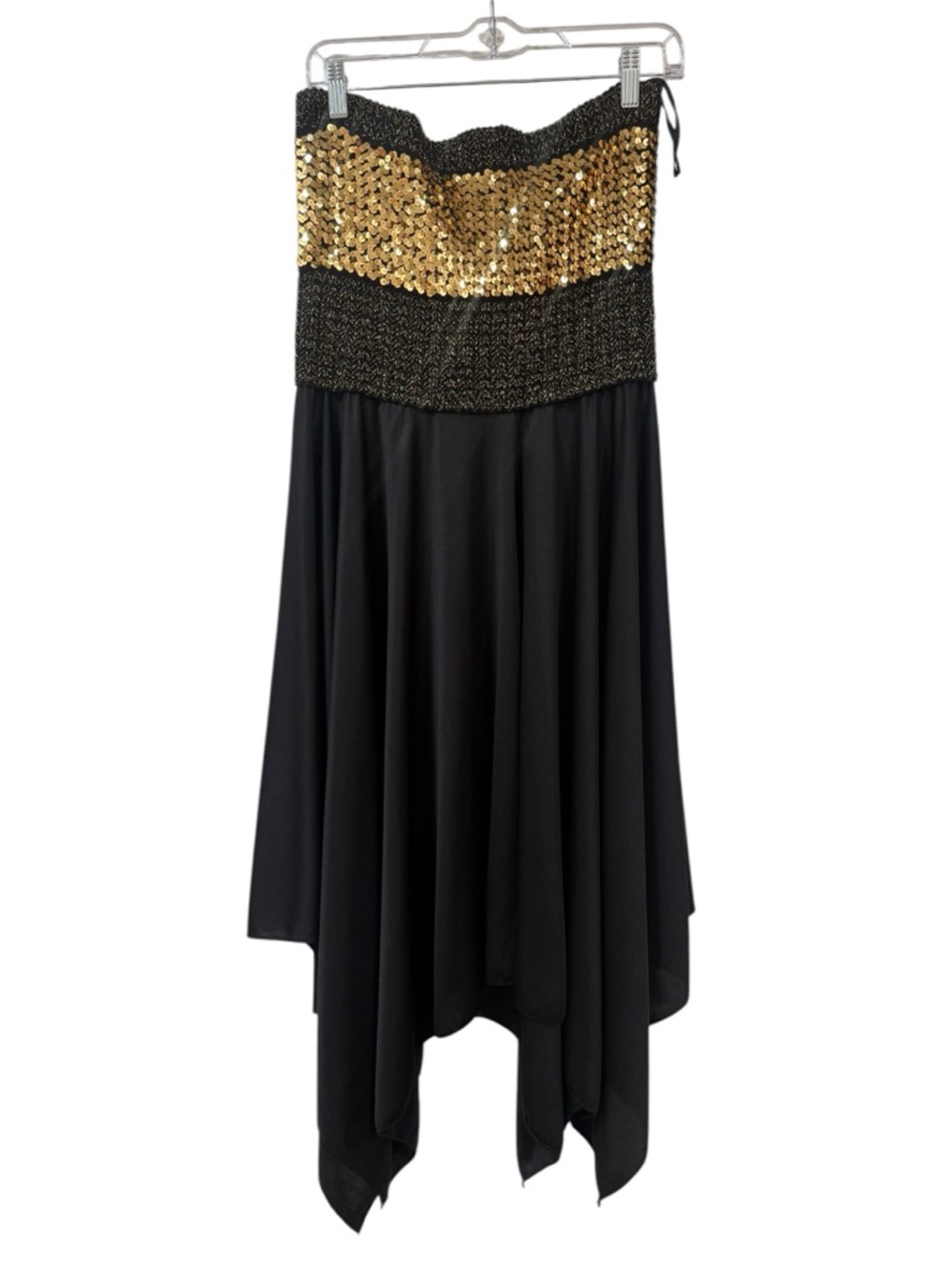 Black gold sequin strapless dress high low side drape vintage 90’s size 9/M prom